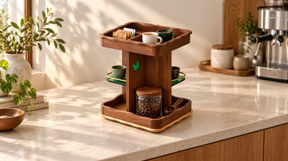 Walnut rotating coffee organizer with clear surrounding counter space, AI-generated scene