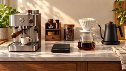 Shared home coffee station with espresso machine, pour-over dripper and a central scale, AI-generated layout