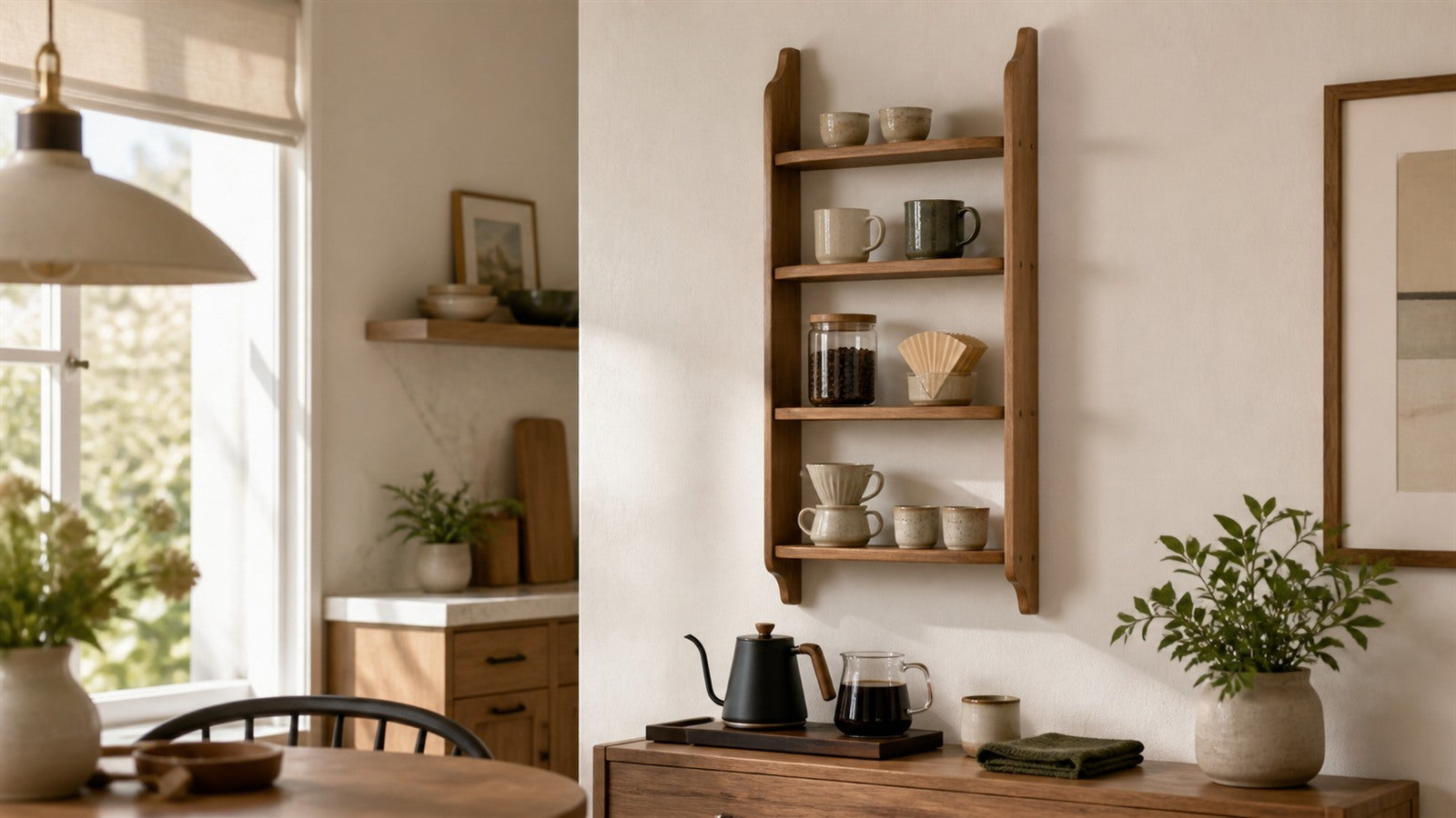 Warm vertical wooden coffee wall shelf in a bright narrow home coffee corner