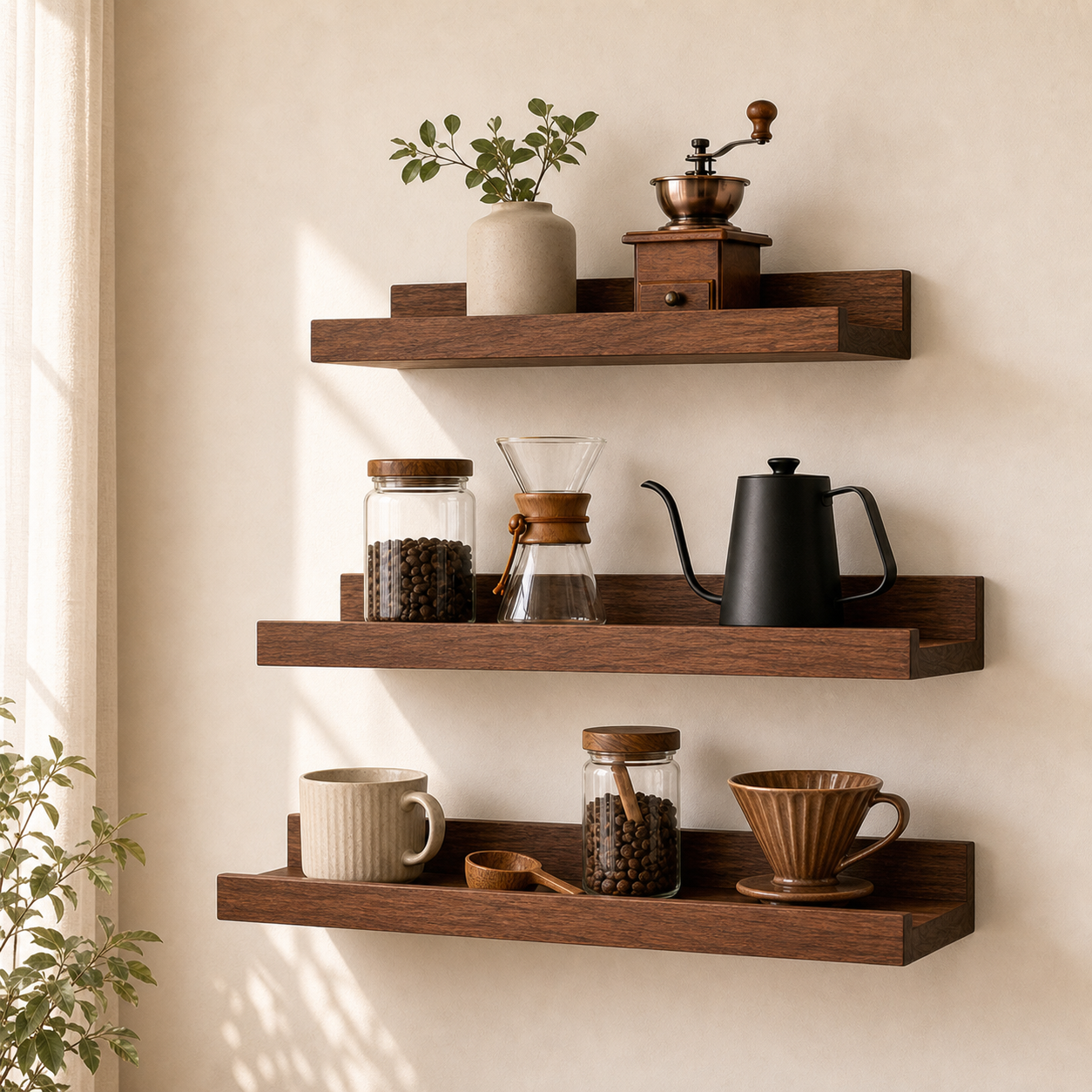 Coffee bar shelves styled with mugs and brewing tools