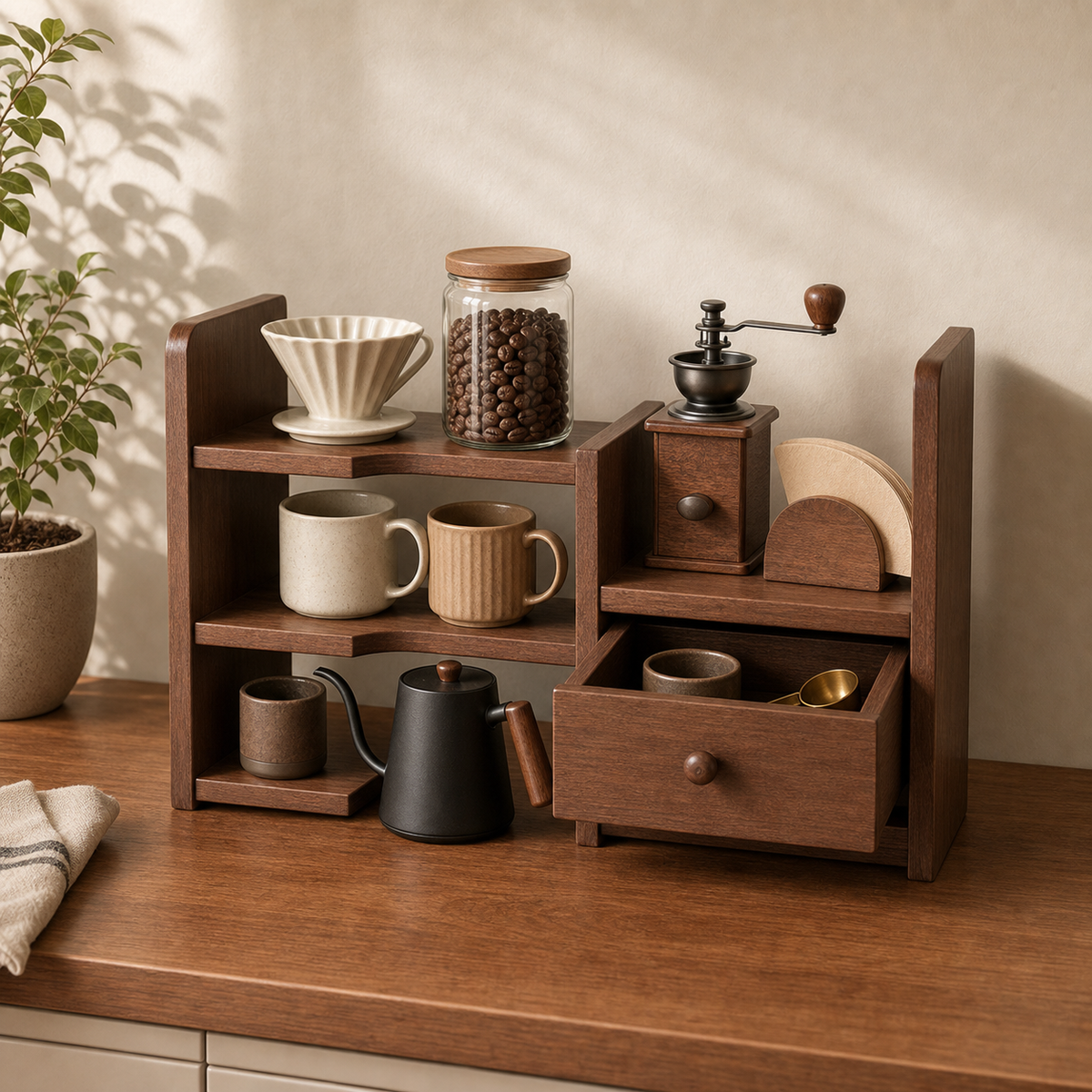 Wooden countertop coffee organizer styled with mugs and brewing tools