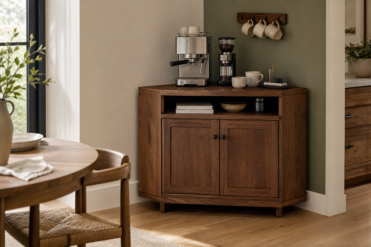 Coffee bar cabinet styled with an espresso machine, mugs and brewing tools