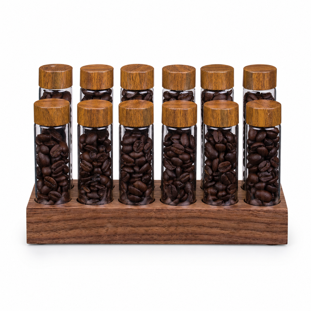 Solid walnut single-dose countertop coffee organizer with 12 glass tubes on white background