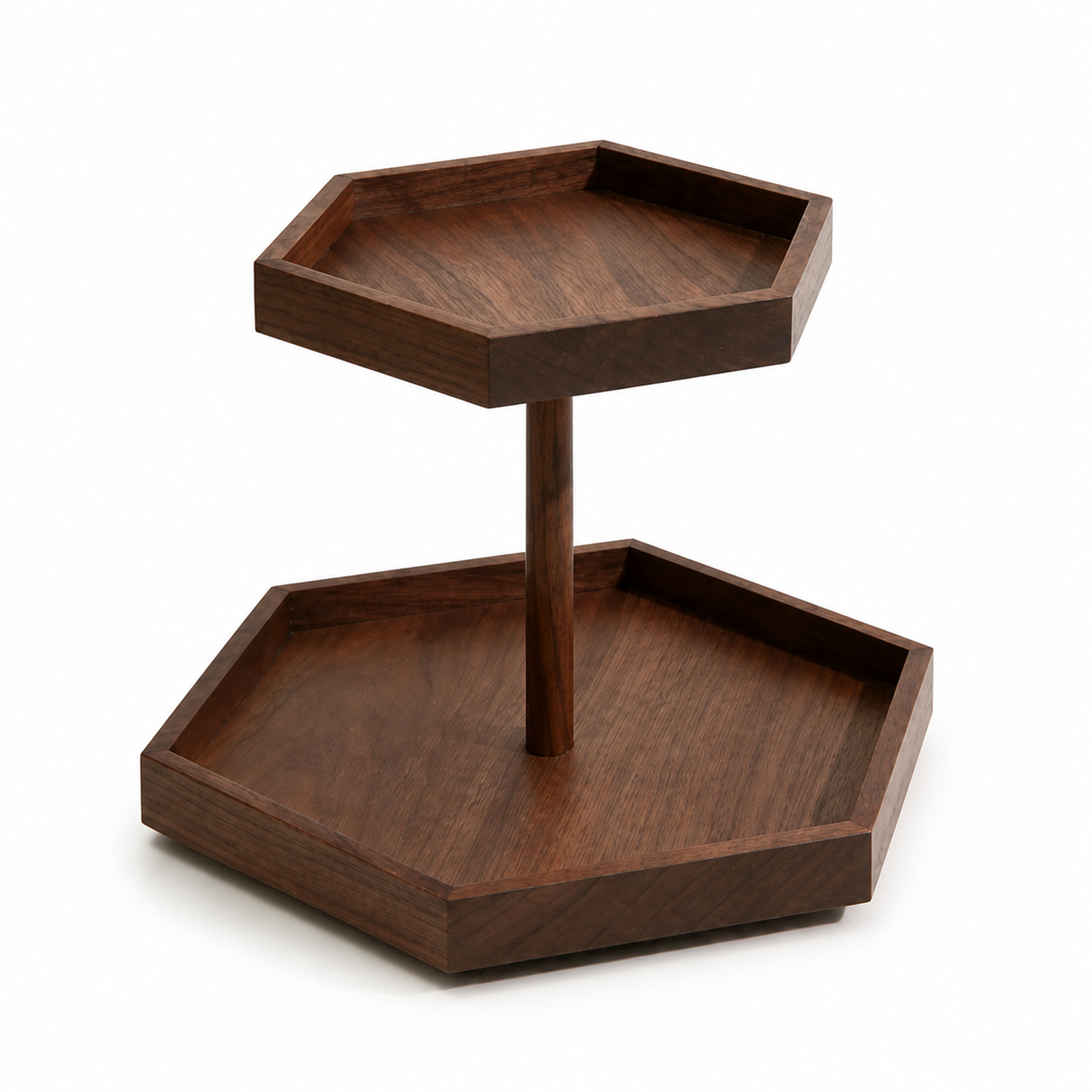 Solid black walnut two-tier rotating coffee display stand on white background