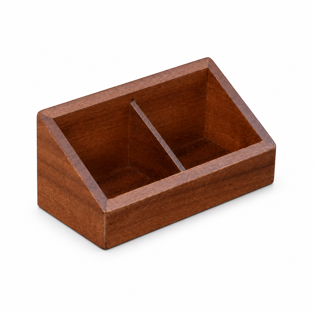 Solid dark wood two-compartment coffee sachet holder on white background