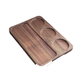 Solid walnut three-tool espresso tamping work board on white background