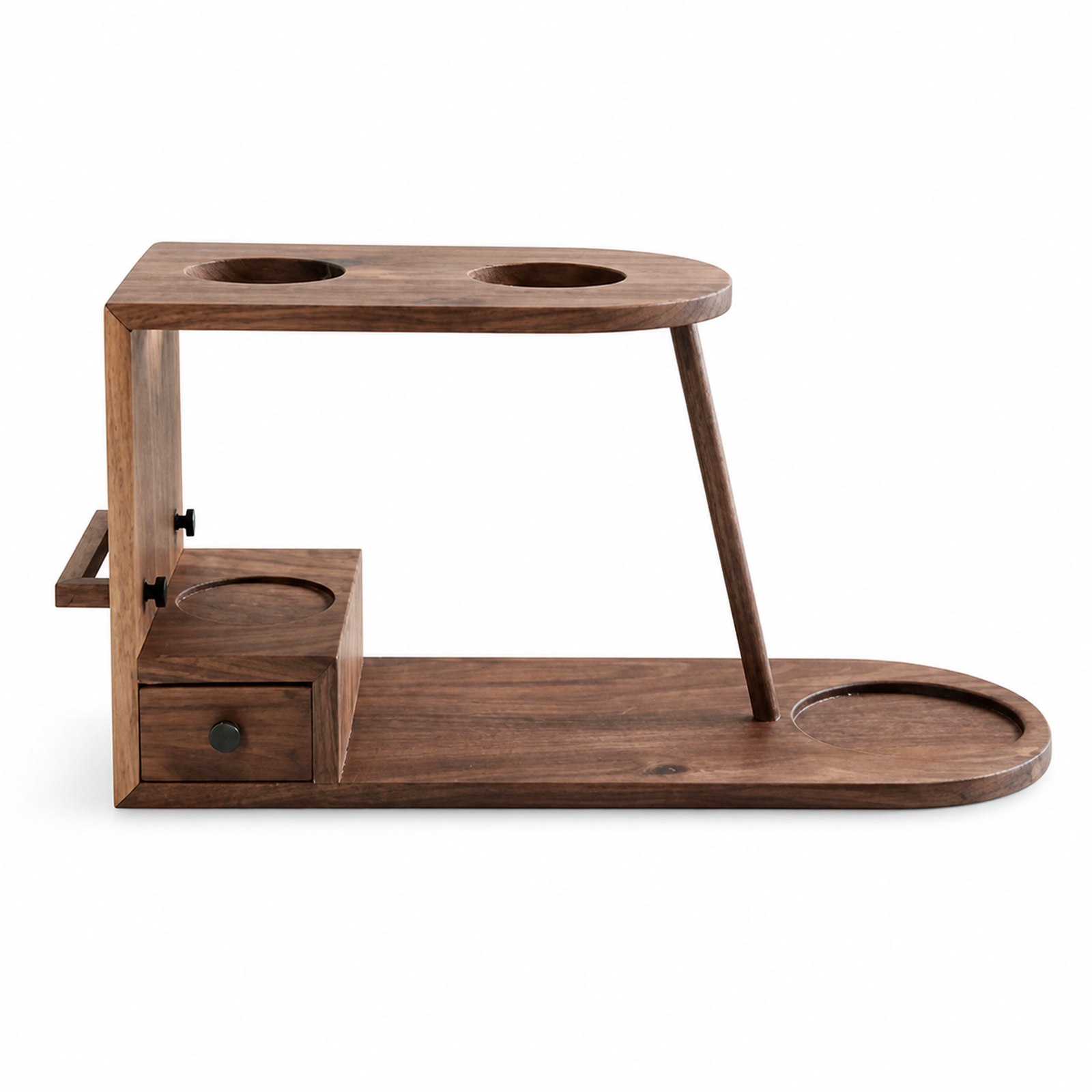 Solid walnut pour-over coffee station organizer with drawer on white background