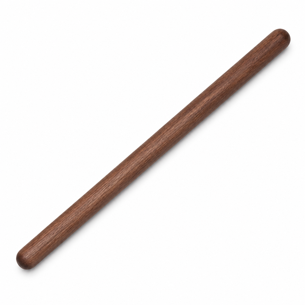 Single solid black walnut round drink stirrer on white background