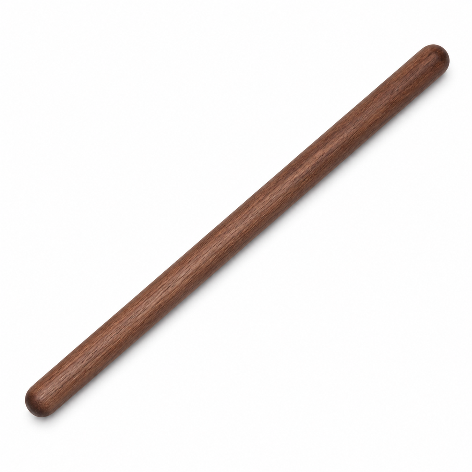 Single solid black walnut round drink stirrer on white background