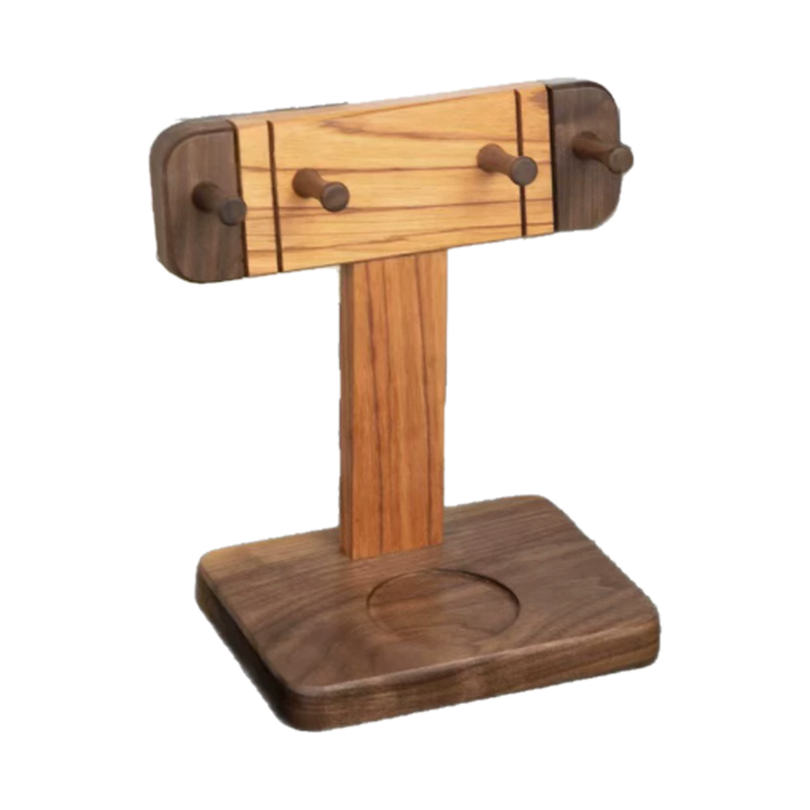 Two-tone solid walnut espresso portafilter display stand on white background
