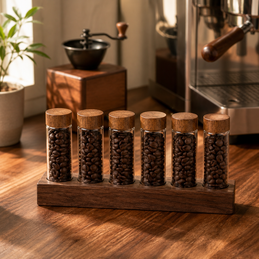 Six-tube solid walnut coffee bean dosing organizer on a home coffee bar