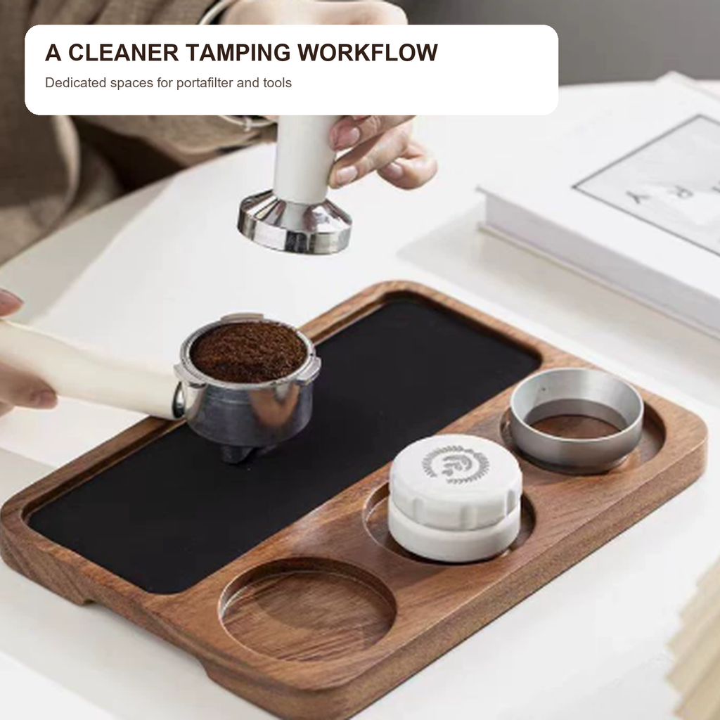 Solid walnut espresso tamping work board in use