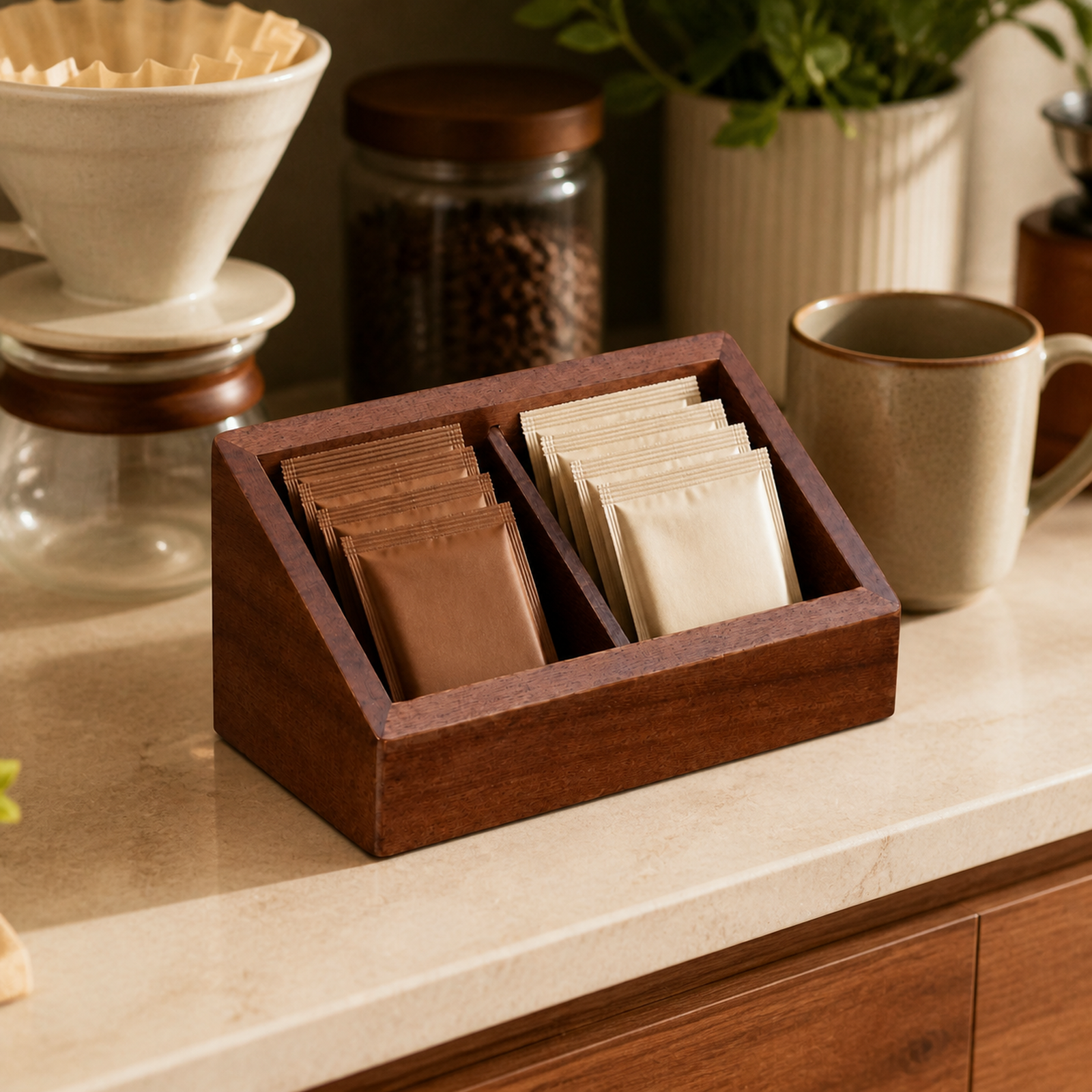 Solid wood coffee sachet organizer on a home coffee bar