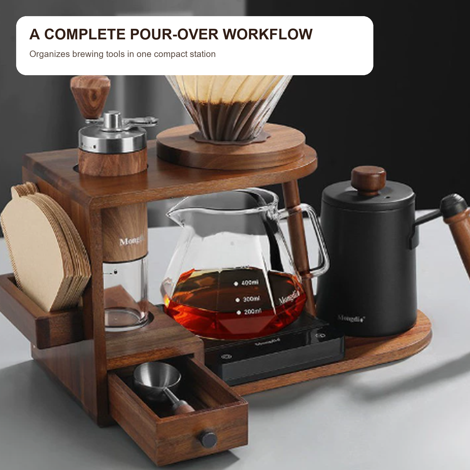 Solid walnut pour-over coffee station with brewing tools