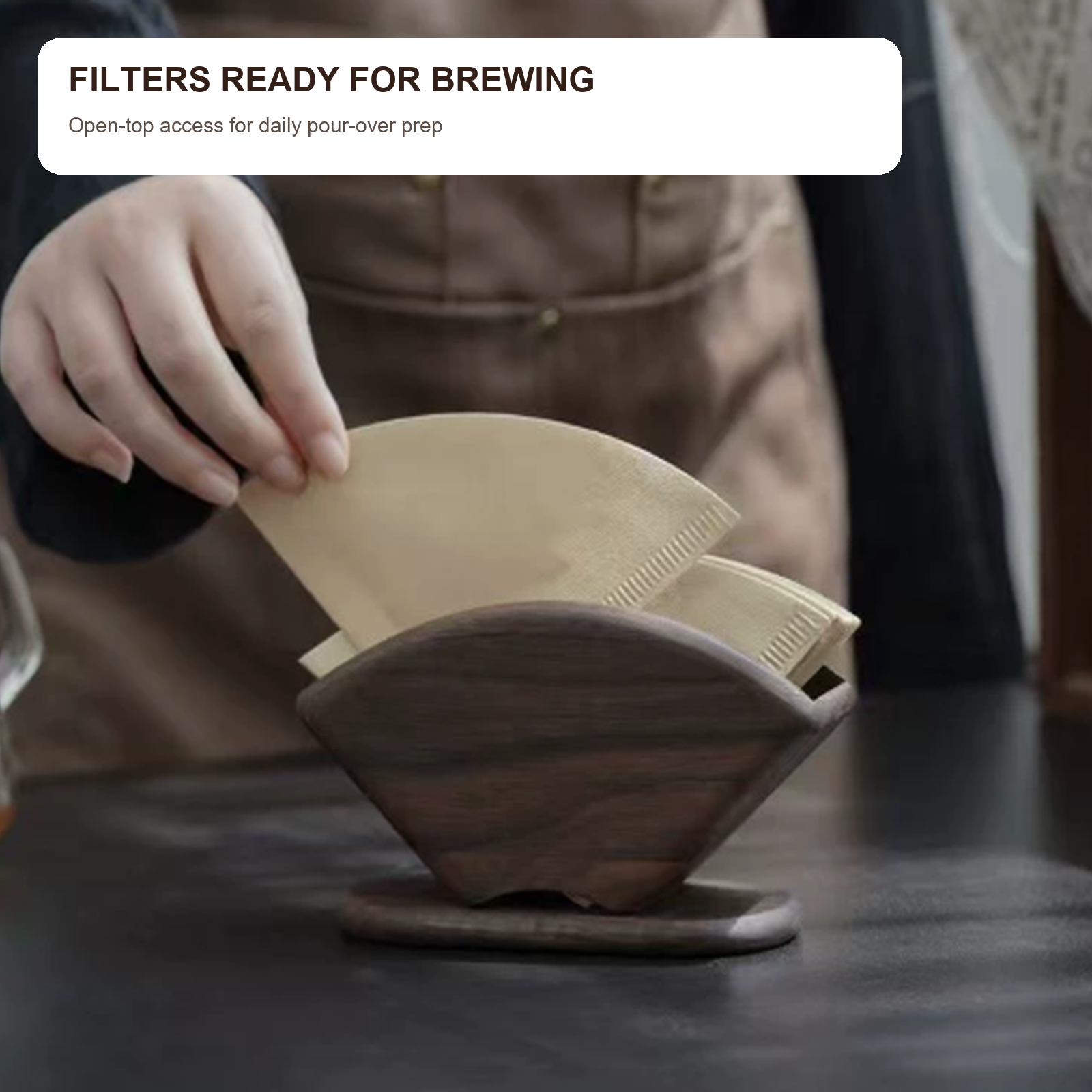 Black walnut V60 filter paper holder in use