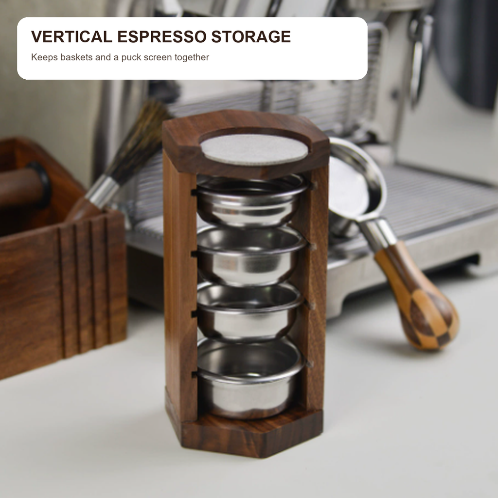 Solid walnut espresso basket organizer beside a coffee machine