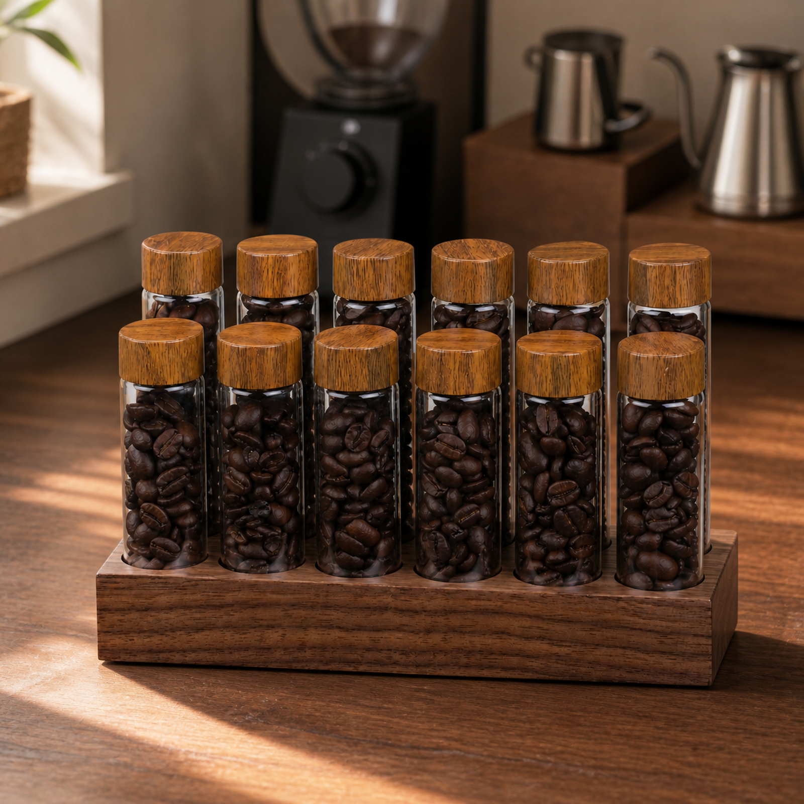 Twelve-tube solid walnut coffee bean dosing organizer in a coffee station