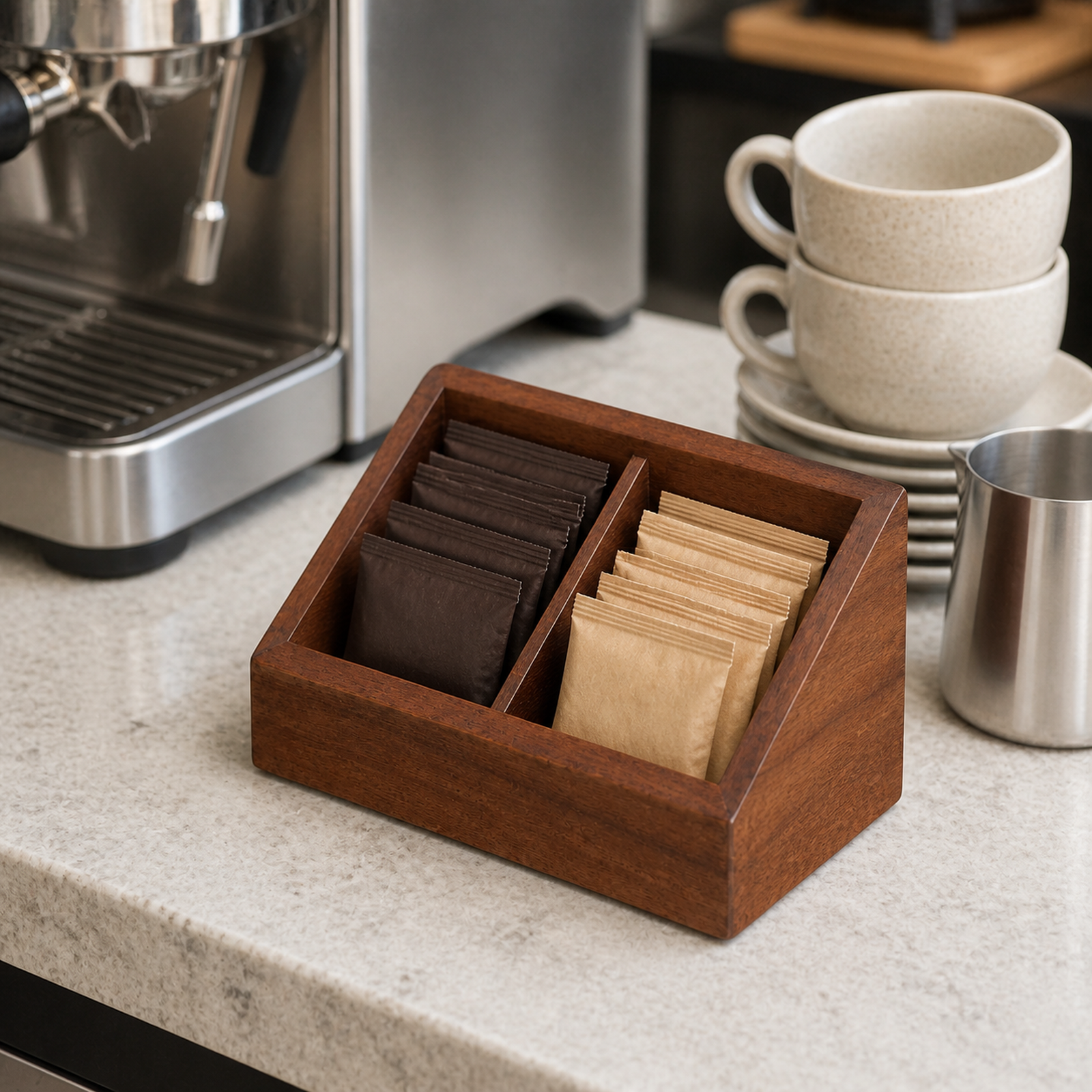 Two-compartment coffee packet holder beside an espresso machine
