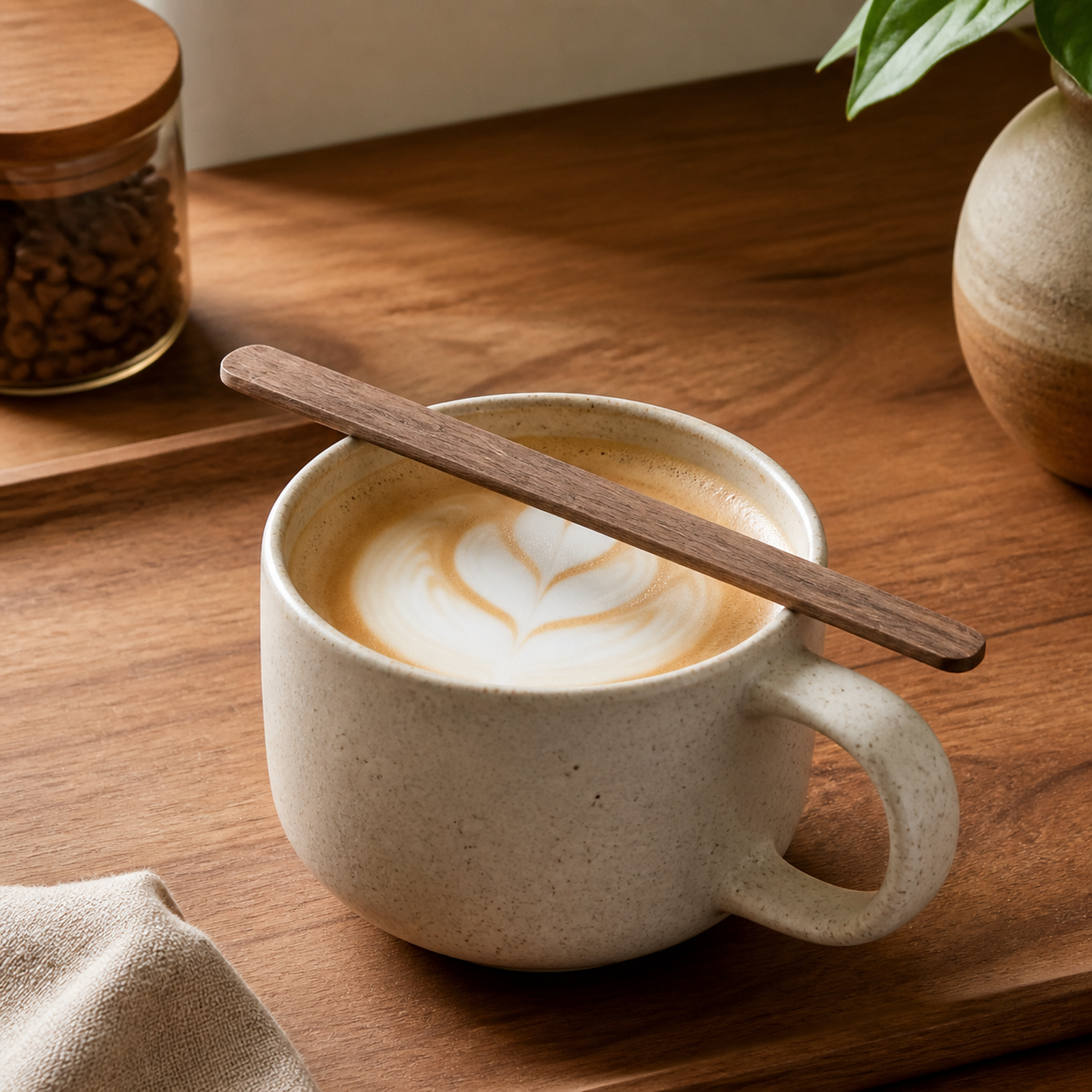 Flat black walnut stirrer with a ceramic latte
