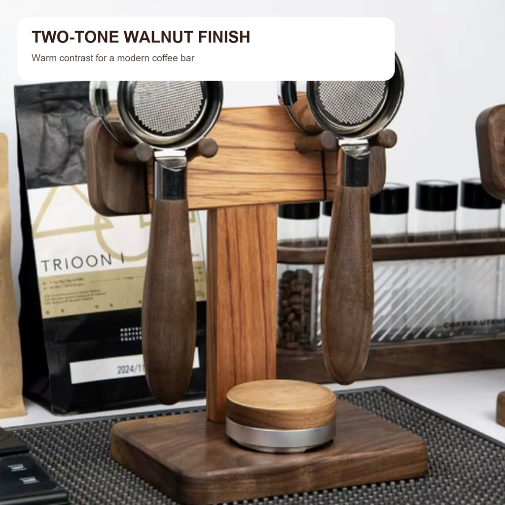 Two-tone walnut espresso portafilter display stand