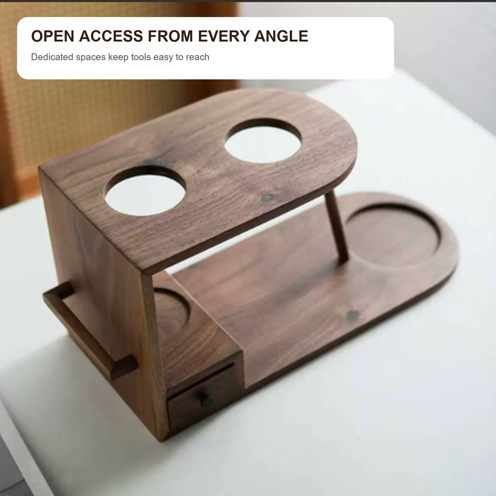 Open-angle view of solid walnut brewing organizer