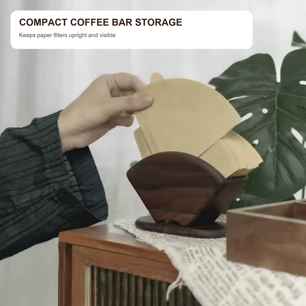Walnut filter paper organizer on a coffee bar