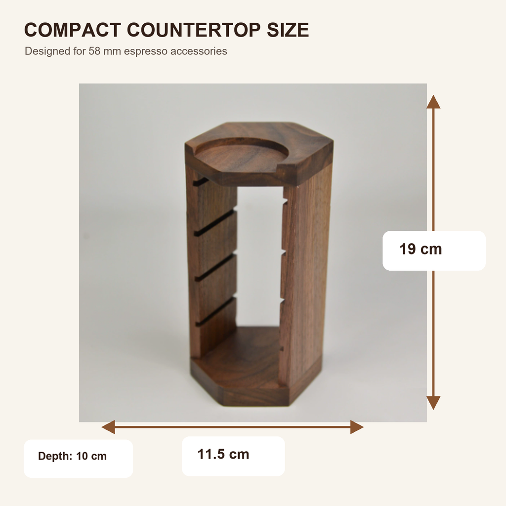 Solid walnut espresso basket organizer dimensions 11.5 by 10 by 19 cm