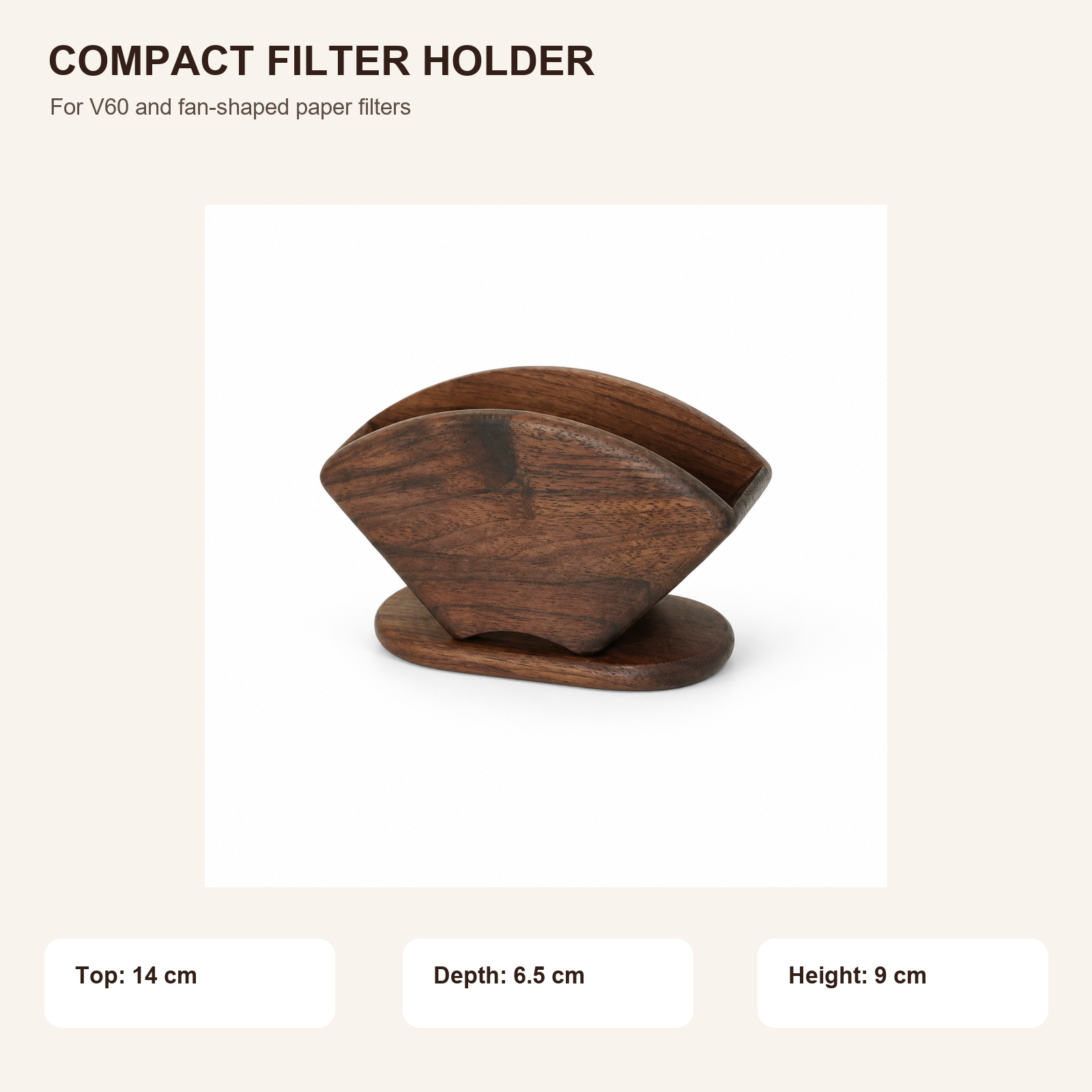 Black walnut filter holder dimensions 14 by 6.5 by 9 cm