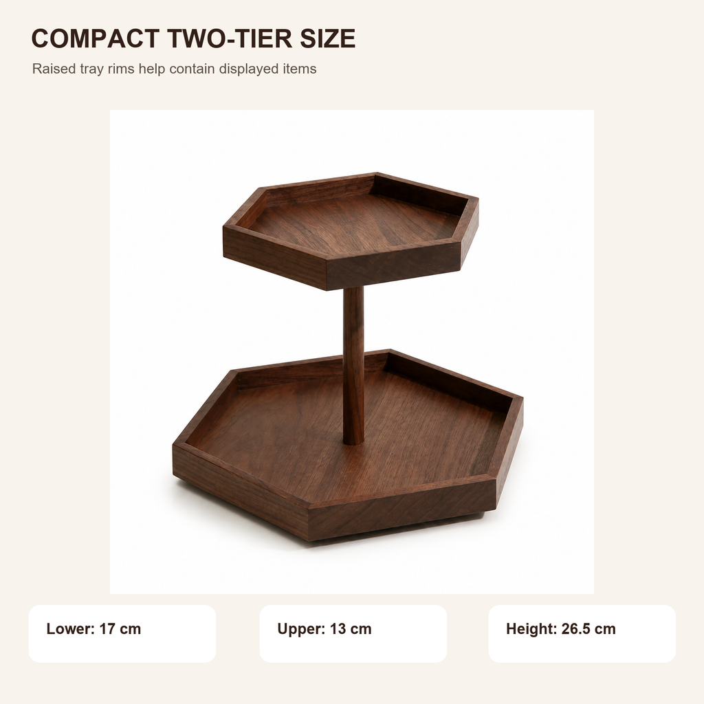 Two-tier walnut display dimensions 17 cm lower tray 13 cm upper tray and 26.5 cm high