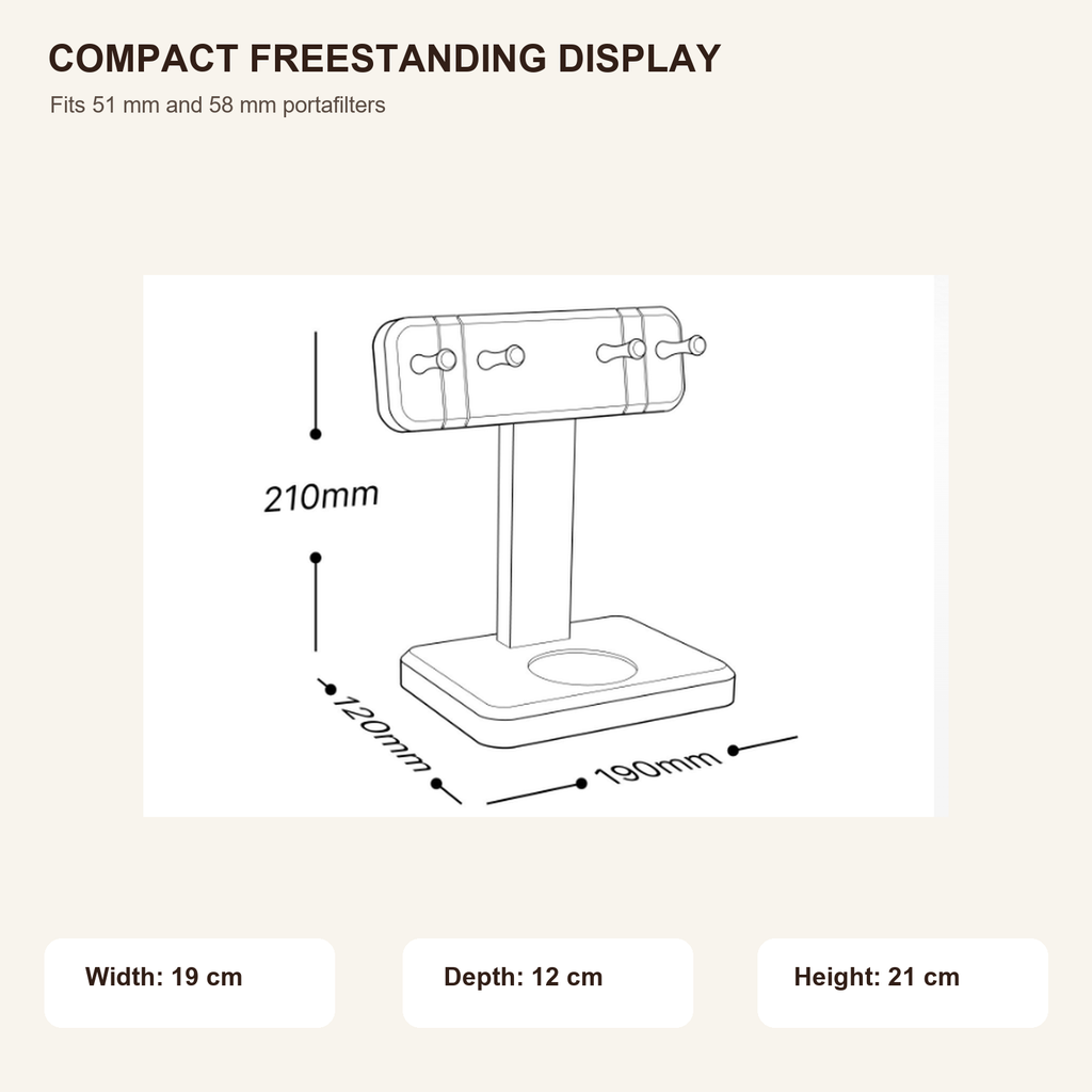 Solid walnut portafilter display stand dimensions 19 by 12 by 21 cm