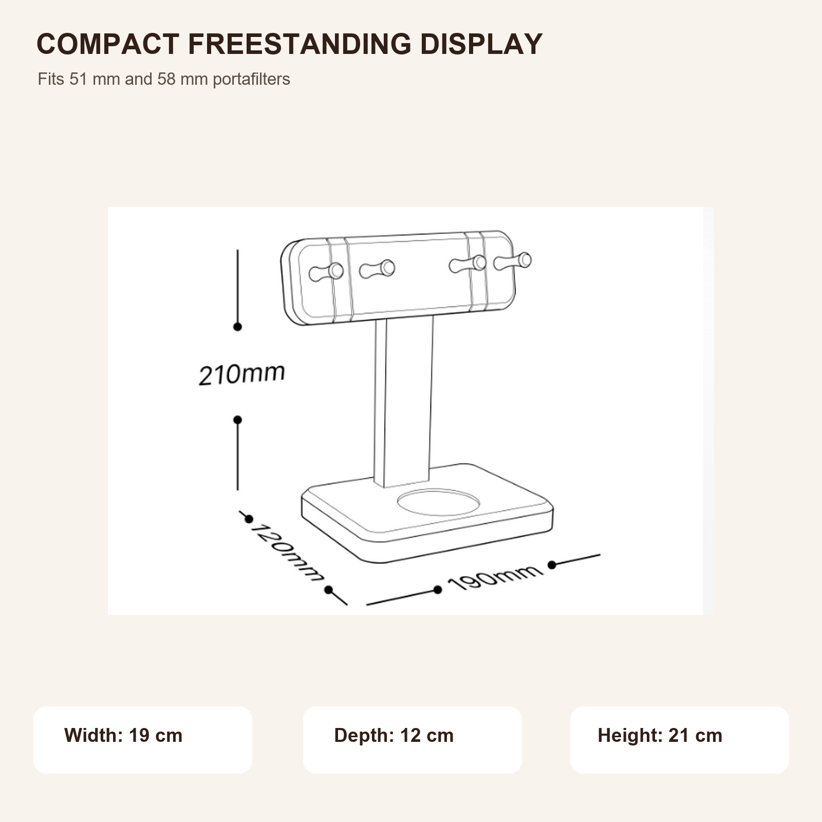 Solid walnut portafilter display stand dimensions 19 by 12 by 21 cm