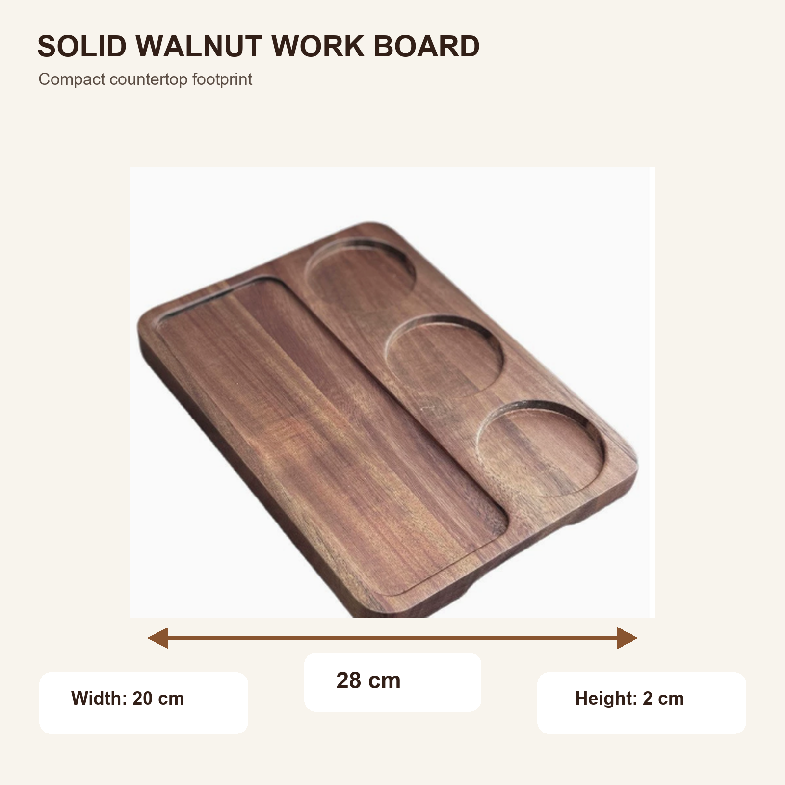 Solid walnut espresso work board dimensions 28 by 20 by 2 cm
