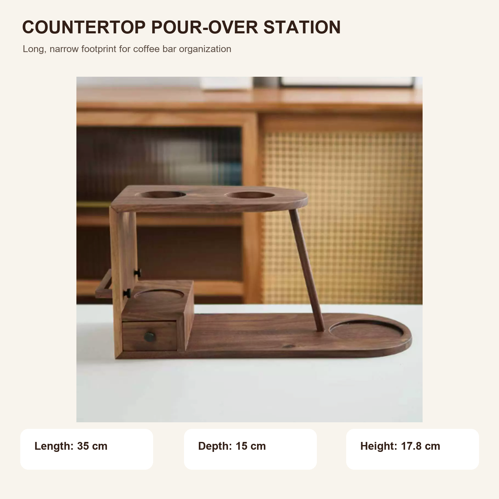 Solid walnut pour-over station dimensions 35 by 15 by 17.8 cm