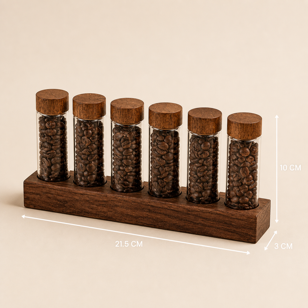 Six-tube countertop coffee organizer dimensions 21.5 by 3 by 10 centimeters