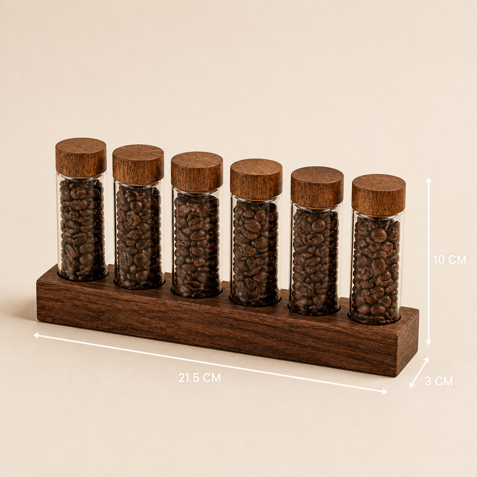 Six-tube countertop coffee organizer dimensions 21.5 by 3 by 10 centimeters