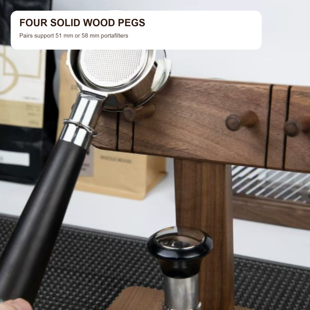 Four solid wood support pegs for espresso portafilters