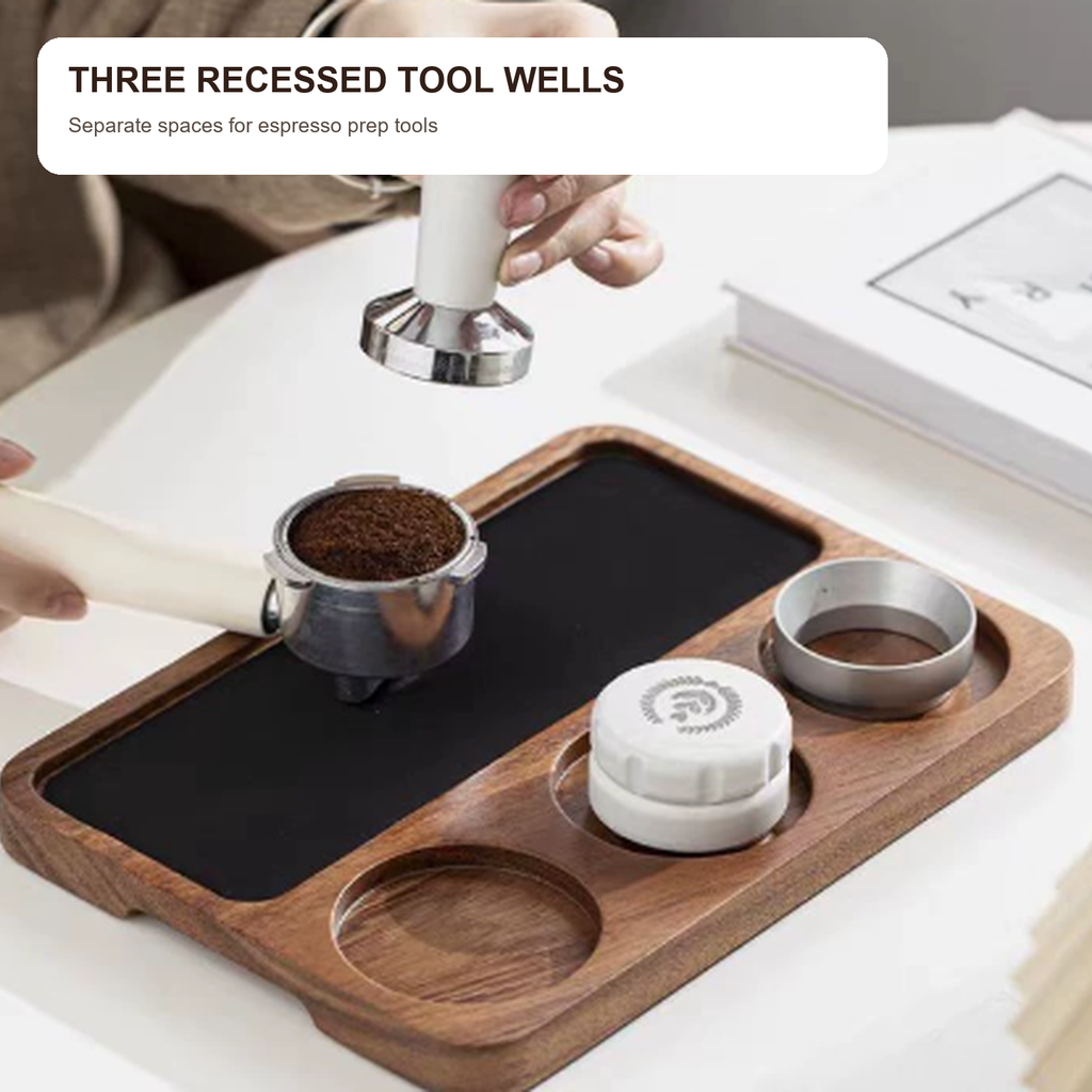 Three recessed wells for espresso preparation tools