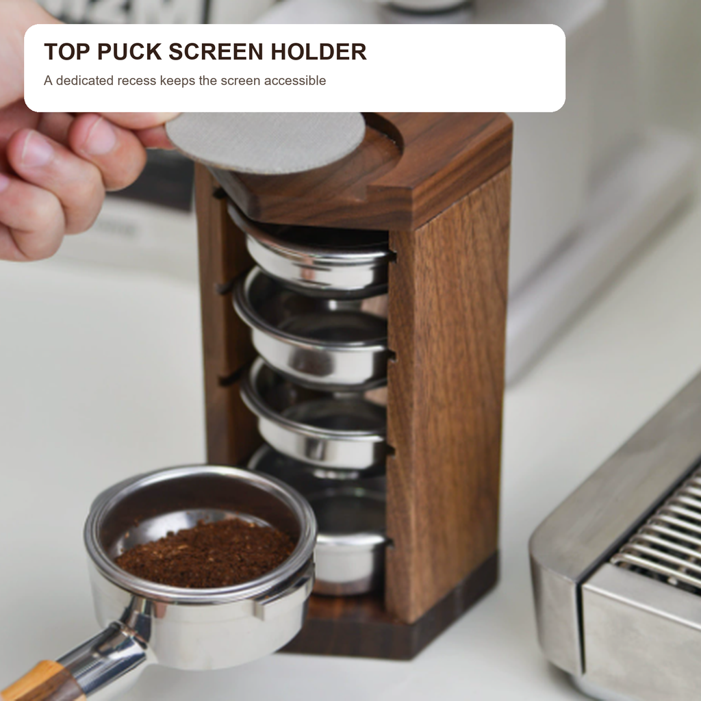 Top puck screen recess on solid walnut espresso organizer