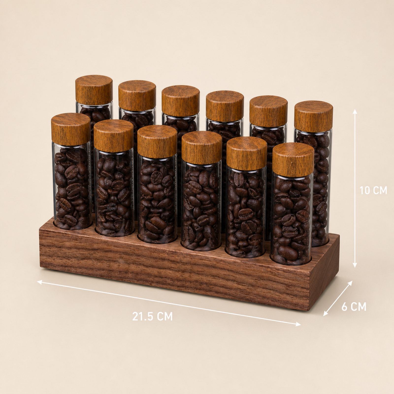 Twelve-tube countertop coffee organizer dimensions 21.5 by 6 by 10 centimeters