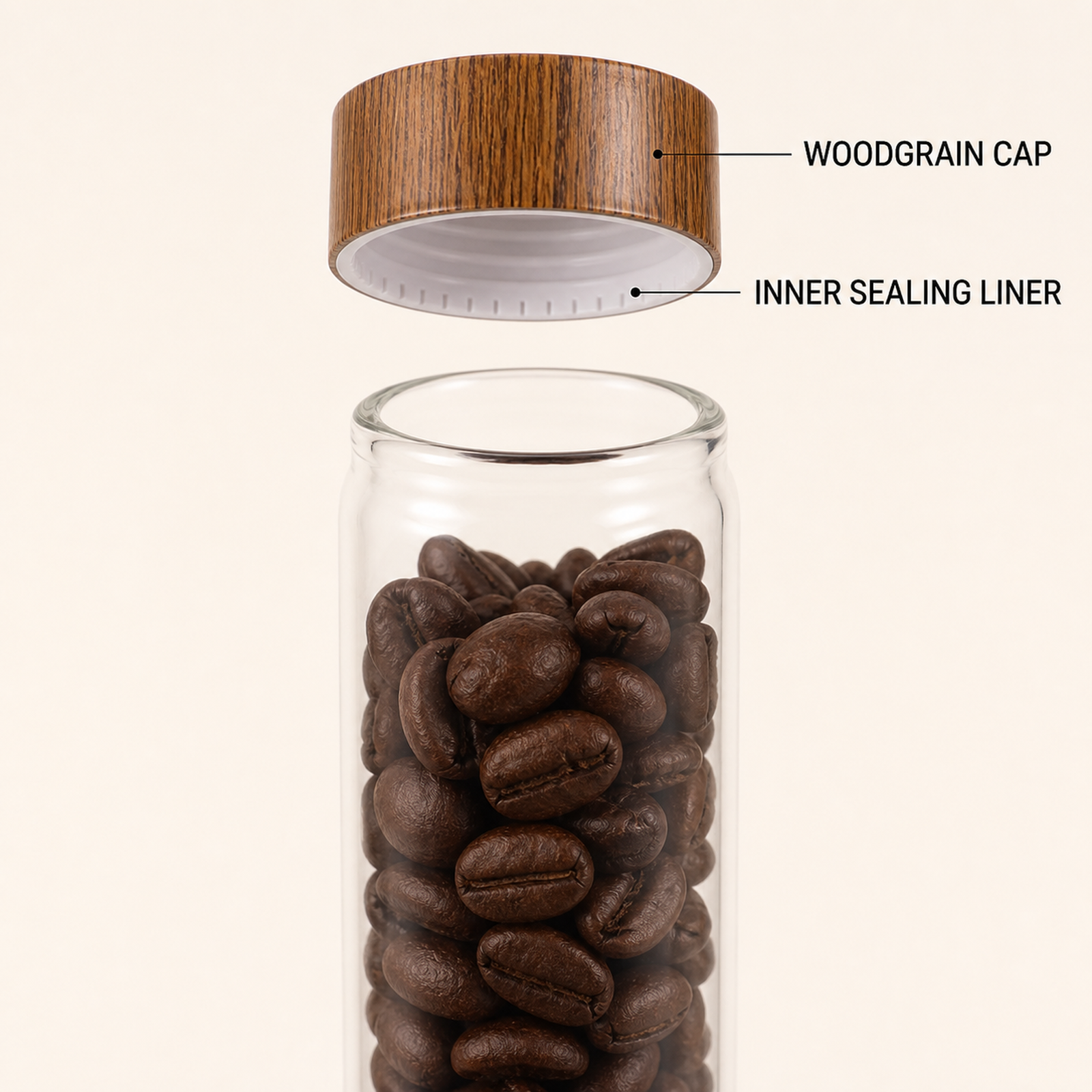 Woodgrain cap and inner sealing liner detail on a borosilicate glass coffee tube
