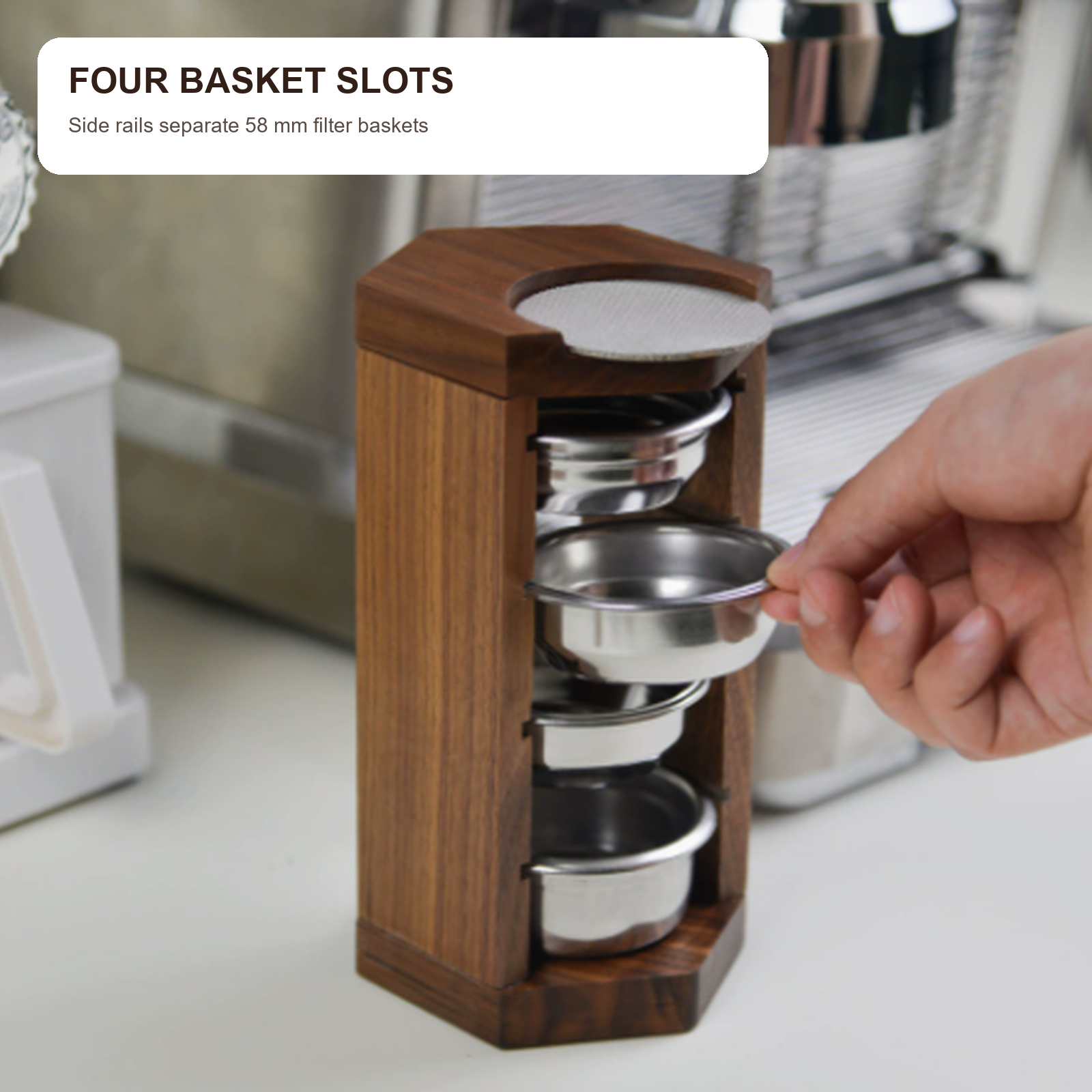 Four side slots for 58 mm espresso filter baskets