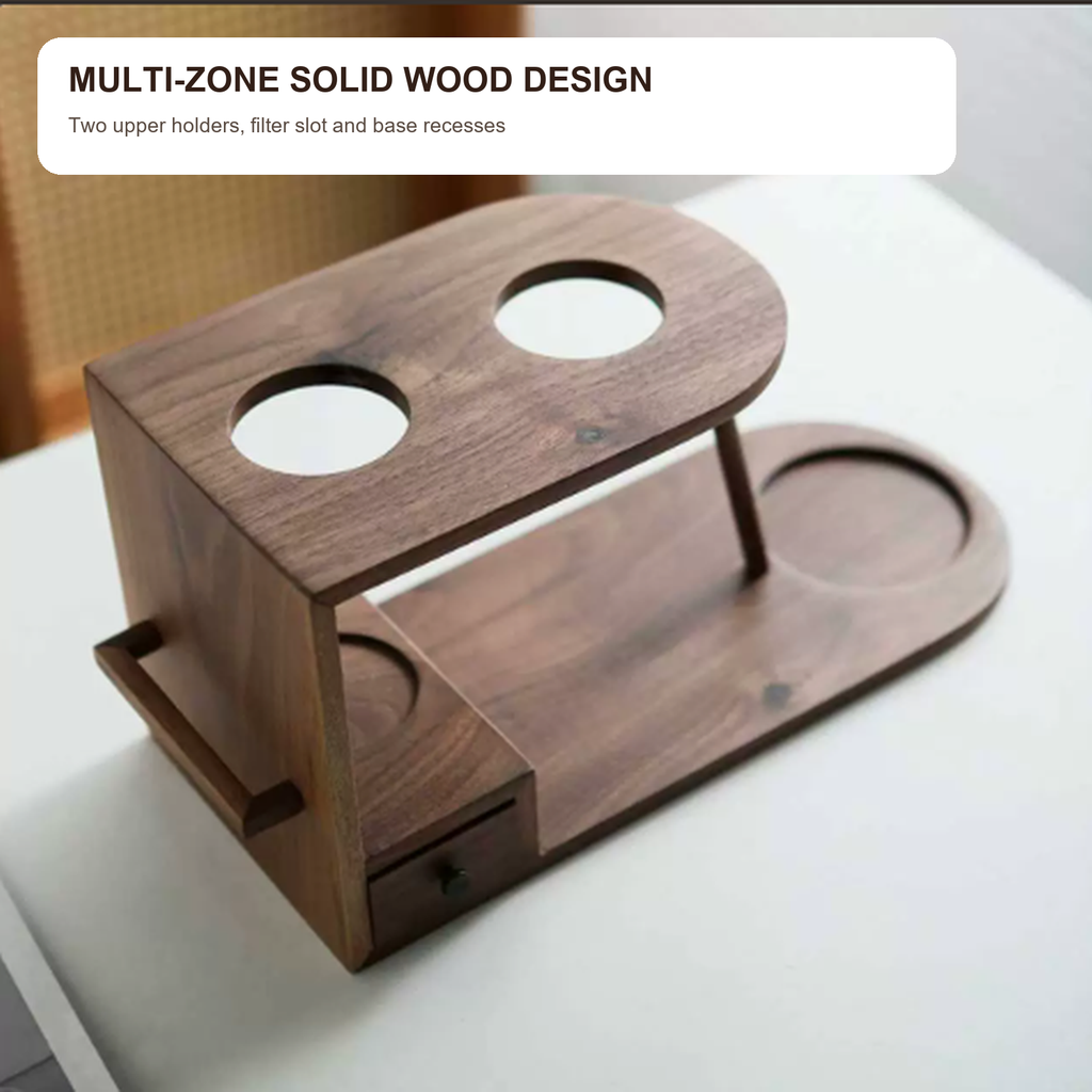 Multi-zone solid walnut pour-over tool storage