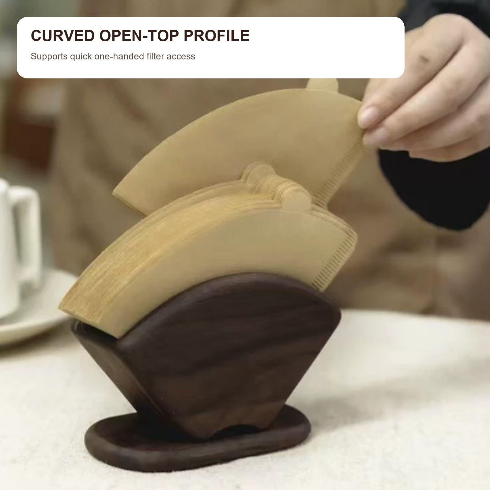 Curved open-top coffee filter paper access
