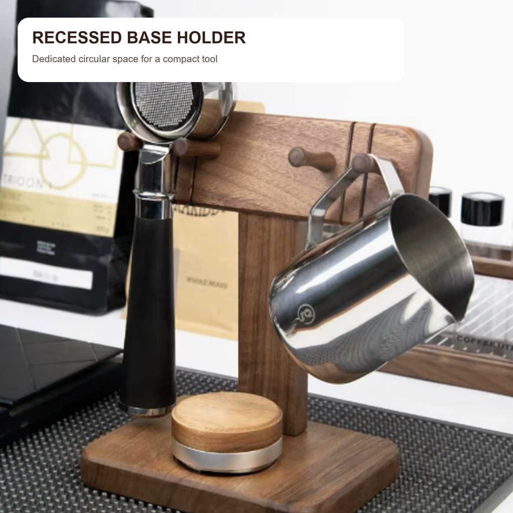 Recessed base holder on solid walnut portafilter stand