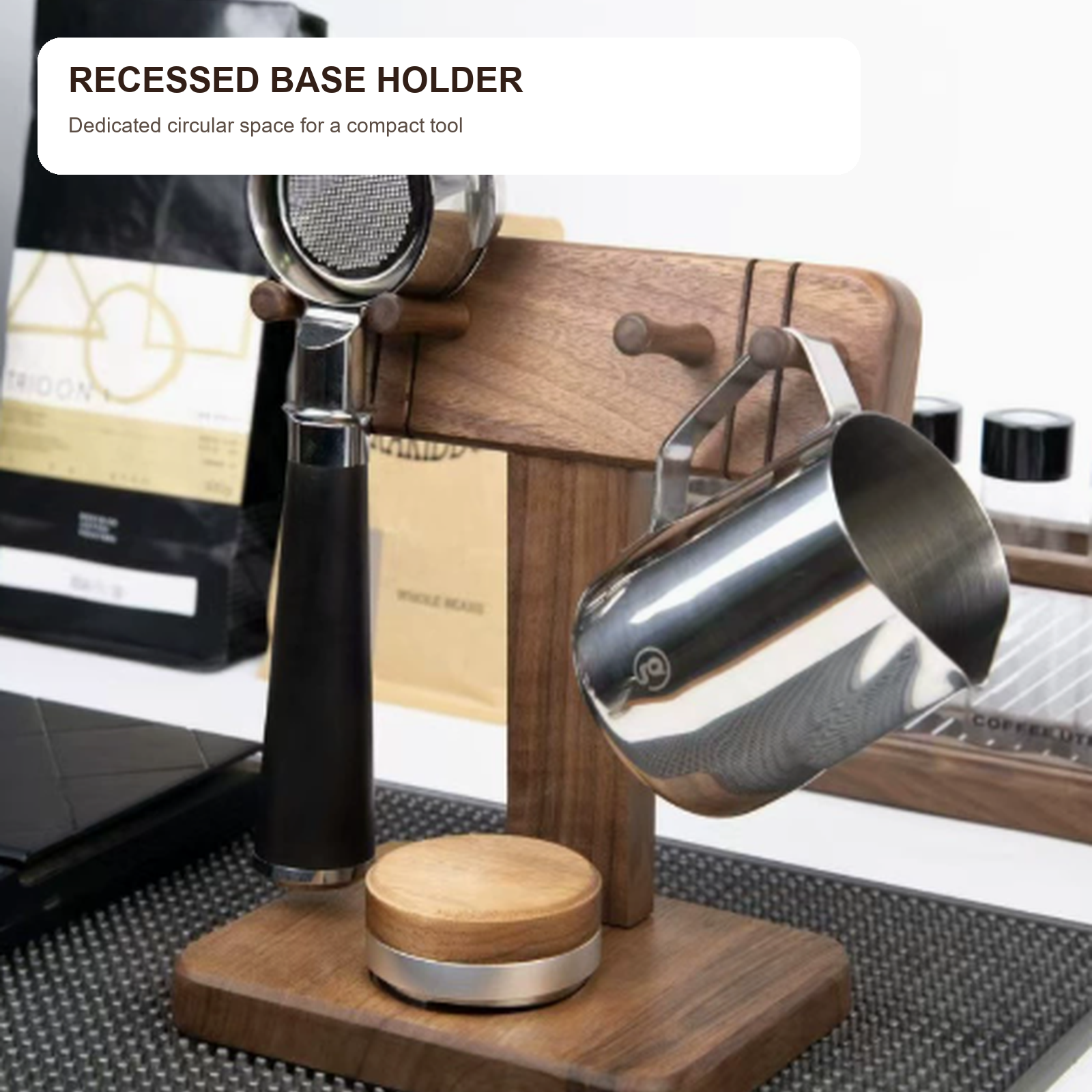Recessed base holder on solid walnut portafilter stand