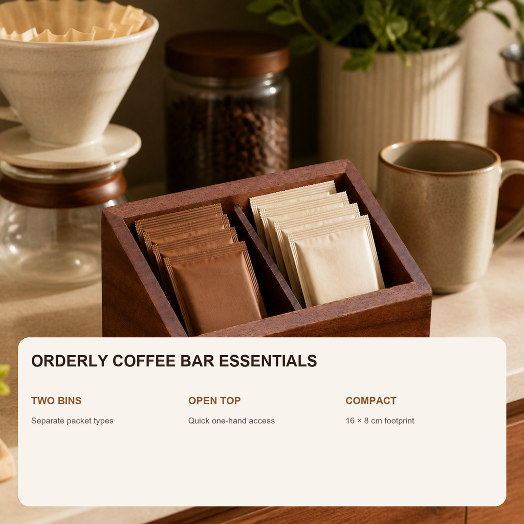 Solid wood coffee sachet storage features