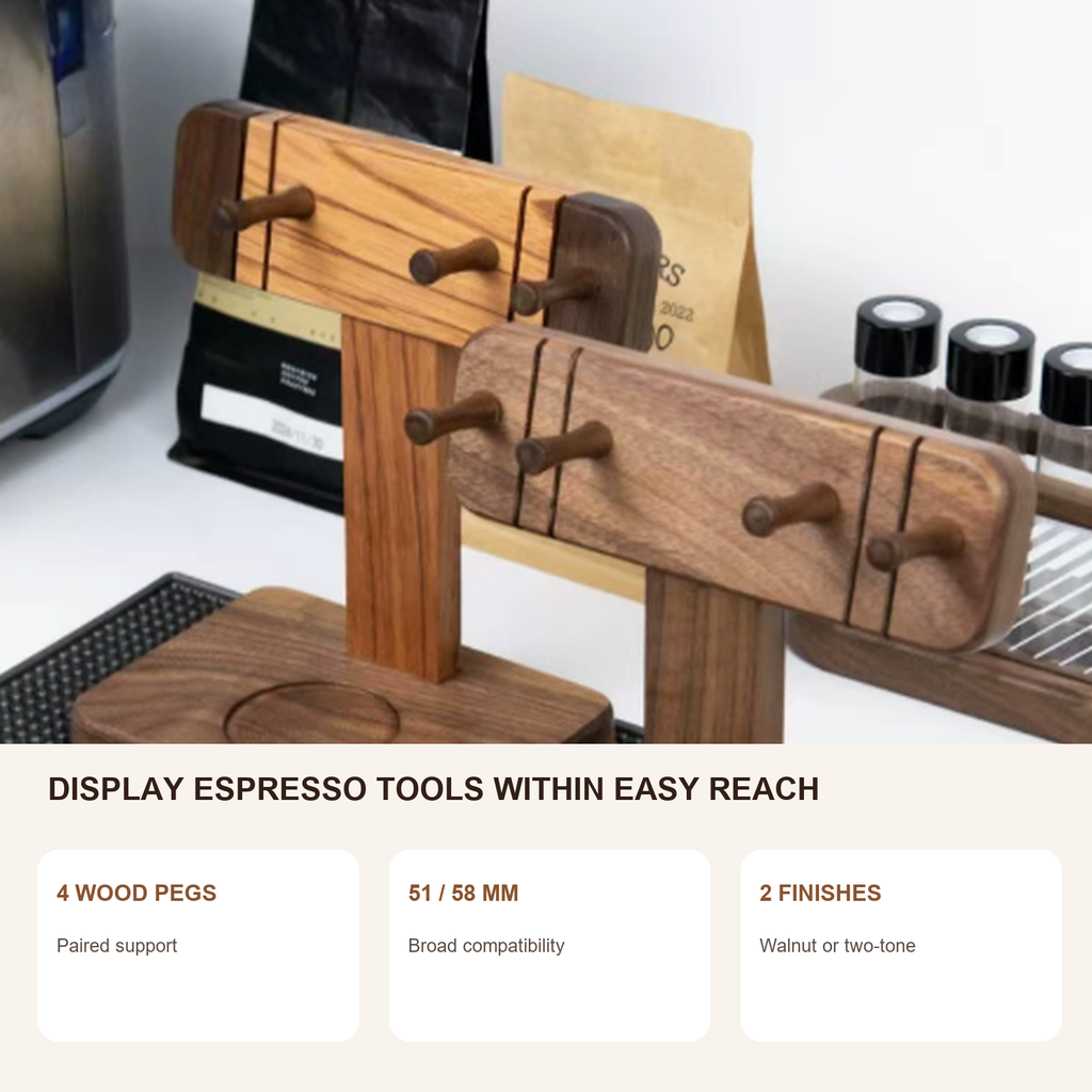 Freestanding solid walnut portafilter display features
