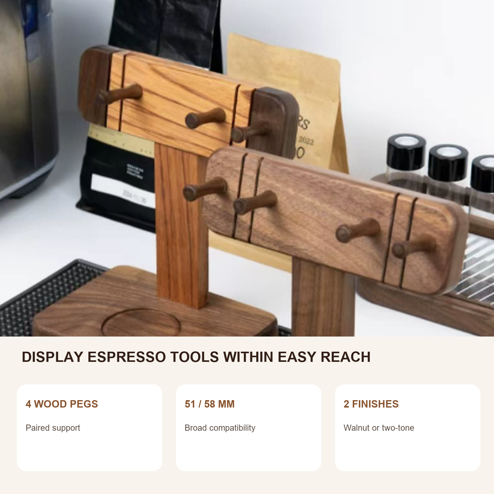 Freestanding solid walnut portafilter display features