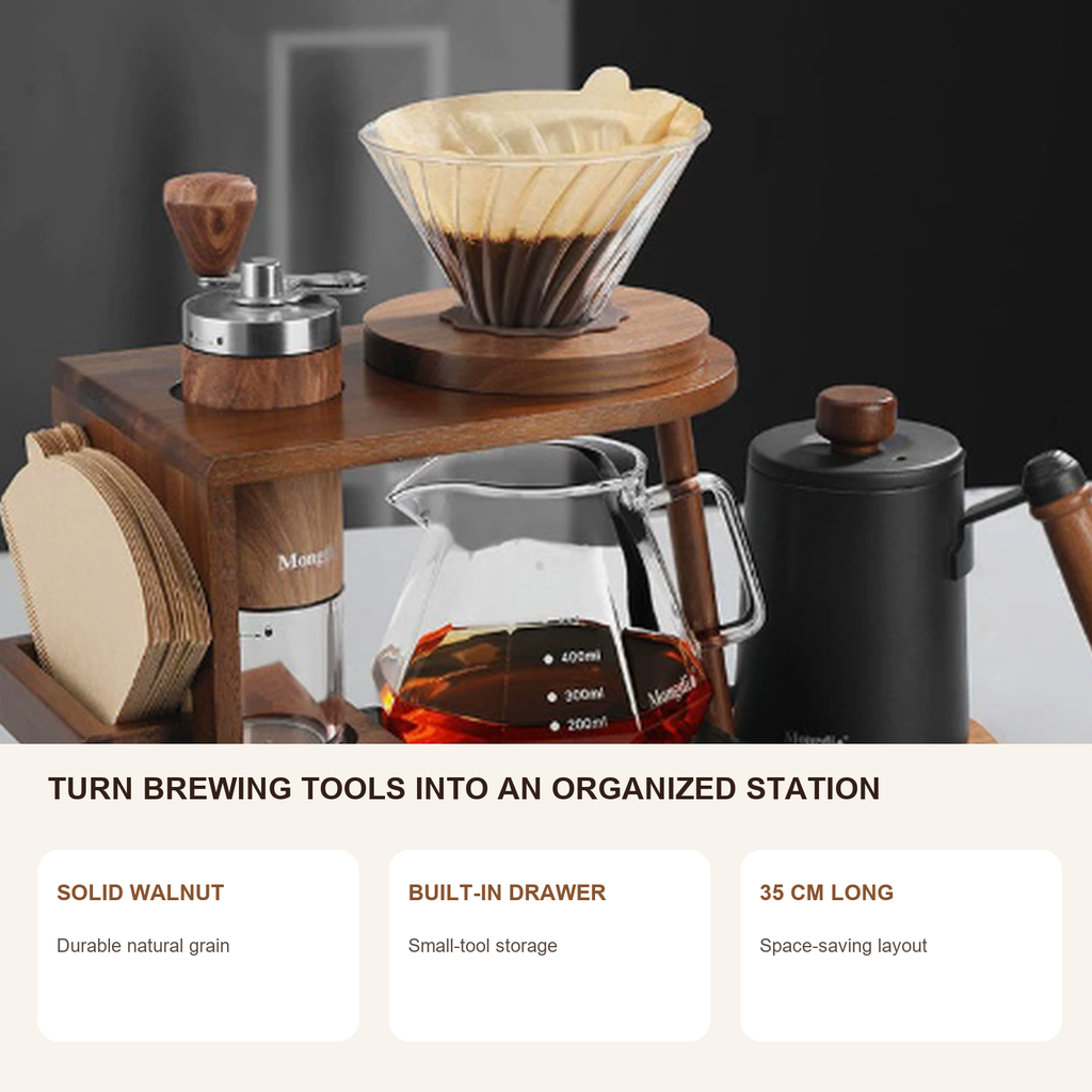 Solid walnut pour-over coffee organization features