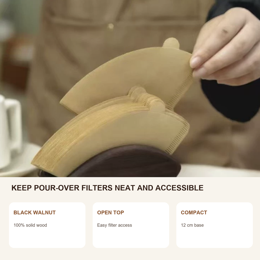 Solid walnut pour-over filter storage features